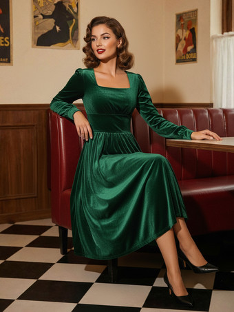 ヴィンテージドレス 1950年代オードリー・ヘップバーン風 長袖 スクエアネック ロカビリーワンピース 黒