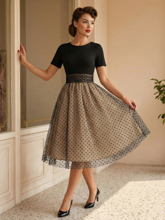 レトロワンピース　1950年代オードリー・ヘップバーン風　ジュエルネック　半袖　ミディアム　水玉　二次会　お呼ばれ　発表会　ロカビリーワンピース