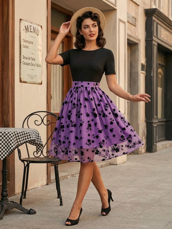 MoradoVestido vintage estilo Audrey Hepburn de los años 50 con escote joya mangas cortas bordadas vestido rockabilly de dos tonos en color albaricoque medio
