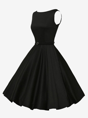ヴィンテージ 1950年代 スイングカクテルドレス レディース - ノースリーブ ボートネック Aライン ベルト付き オードリースタイル ミディガウン - 結婚式ゲスト 2026