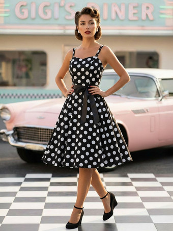 ブラック 水玉模様のヴィンテージ風ミディ丈スイングドレス（女性用） - 1950年代風Aラインベルト付きロカビリースリップサマードレス - 2026年夏休みパーティー