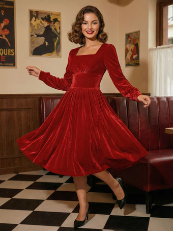 レッド ヴィンテージドレス 1950年代オードリー・ヘップバーン風 長袖 スクエアネック ロカビリーワンピース 黒