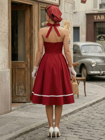 レトロワンピース　1950年代オードリー・ヘップバーン風　バーガンディ　ノースリーブ　スイートハートネック　二次会　お呼ばれ　発表会　スイングドレス