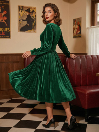 ヴィンテージドレス 1950年代オードリー・ヘップバーン風 長袖 スクエアネック ロカビリーワンピース 黒