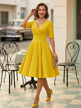 イエローヴィンテージ 1950年代 スイングカクテルドレス レディース - Vネック 半袖 Aライン ギャザー入りバスト ロカビリー ミディ丈ガウン - 結婚式ゲスト 2026