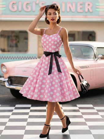 ピンク水玉模様のヴィンテージ風ミディ丈スイングドレス（女性用） - 1950年代風Aラインベルト付きロカビリースリップサマードレス - 2026年夏休みパーティー