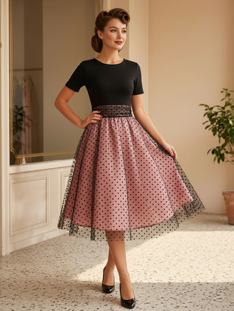 レトロワンピース　1950年代オードリー・ヘップバーン風　ジュエルネック　半袖　ミディアム　水玉　二次会　お呼ばれ　発表会　ロカビリーワンピース