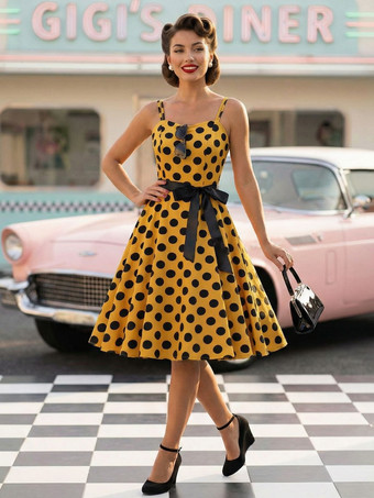 イエロー水玉模様のヴィンテージ風ミディ丈スイングドレス（女性用） - 1950年代風Aラインベルト付きロカビリースリップサマードレス - 2026年夏休みパーティー