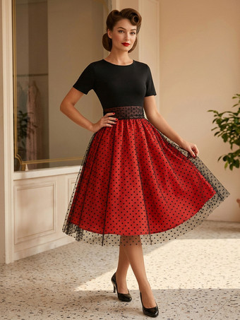 レッド レトロワンピース　1950年代オードリー・ヘップバーン風　ジュエルネック　半袖　ミディアム　水玉　二次会　お呼ばれ　発表会　ロカビリーワンピース