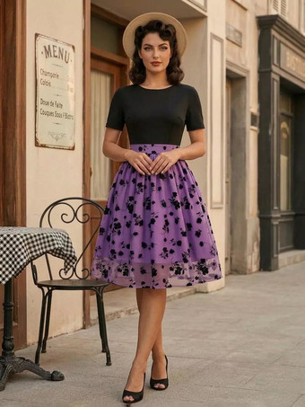 Vestido vintage estilo Audrey Hepburn de los años 50 con escote joya mangas cortas bordadas vestido rockabilly de dos tonos en color albaricoque medio