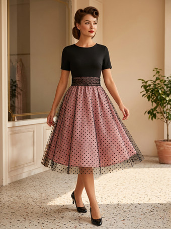 レトロワンピース　1950年代オードリー・ヘップバーン風　ジュエルネック　半袖　ミディアム　水玉　二次会　お呼ばれ　発表会　ロカビリーワンピース