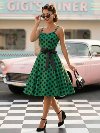 水玉模様のヴィンテージ風ミディ丈スイングドレス（女性用） - 1950年代風Aラインベルト付きロカビリースリップサマードレス - 2026年夏休みパーティー