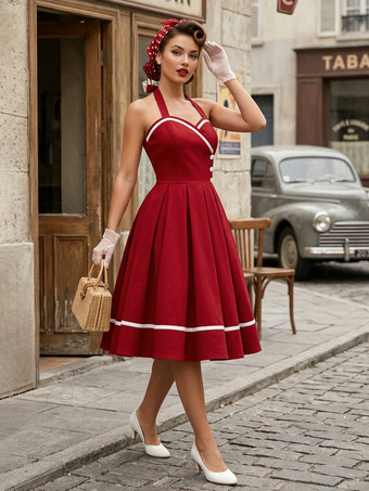 レトロワンピース　1950年代オードリー・ヘップバーン風　バーガンディ　ノースリーブ　スイートハートネック　二次会　お呼ばれ　発表会　スイングドレス