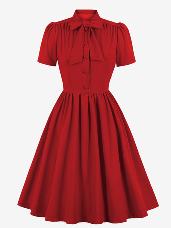 ヴィンテージ 1950年代 ミディ丈 スイング ティー ドレス レディース - ボウネック 半袖 フィット＆フレア ロカビリー ガウン - ガーデン パーティー 2026