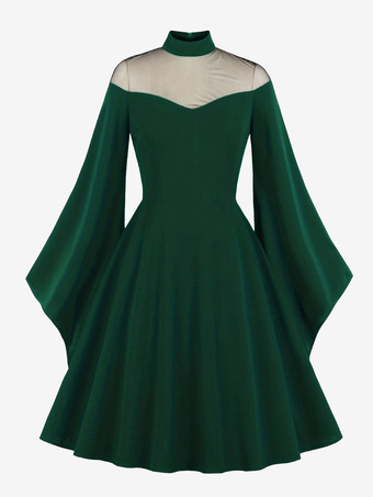 ヴィンテージ1950年代ゴシックカクテルドレス（女性用） - シースルーメッシュネックベルスリーブスイングミディガウン - 春のイブニングパーティー2026