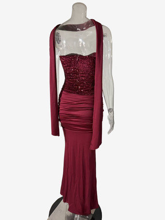 スパンコール スイートハートネック ルーシュ フロントタイディテール マキシ パーティードレス レディース 2026