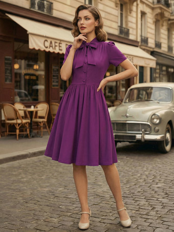 ヴィンテージ 1950年代 ミディ丈 スイング ティー ドレス レディース - ボウネック 半袖 フィット＆フレア ロカビリー ガウン - ガーデン パーティー 2026