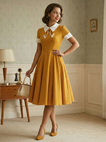 YellowVintage 1950s Swing Cocktail Dress for Women - V Neck Short Sleeve A-Line Ruched Bust Rockabilly Midi Gown - Wedding Guest 2026