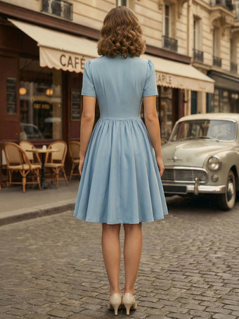 ヴィンテージ 1950年代 ミディ丈 スイング ティー ドレス レディース - ボウネック 半袖 フィット＆フレア ロカビリー ガウン - ガーデン パーティー 2026