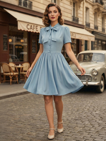 ベビーブルーヴィンテージ 1950年代 ミディ丈 スイング ティー ドレス レディース - ボウネック 半袖 フィット＆フレア ロカビリー ガウン - ガーデン パーティー 2026