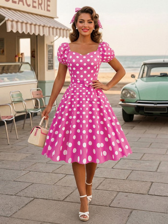 Rouge roséRobe Glamour rétro col en cœur manches bouffantes pois robes longues décontractées
