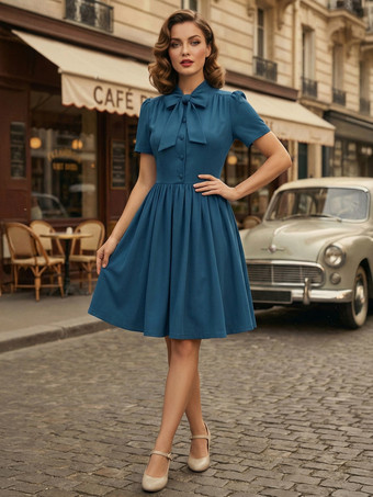 ディープブルーヴィンテージ 1950年代 ミディ丈 スイング ティー ドレス レディース - ボウネック 半袖 フィット＆フレア ロカビリー ガウン - ガーデン パーティー 2026