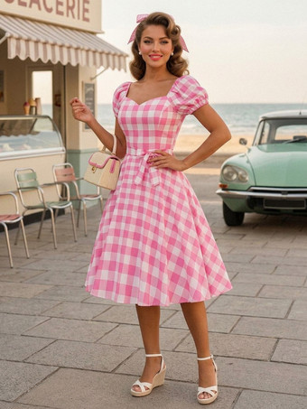 Robe Glamour rétro col en cœur manches bouffantes pois robes longues décontractées