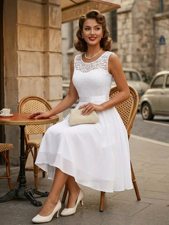 ホワイト レトログラマードレス 1950年代 オードリー ヘップバーン スタイル ジュエルネック リボン レイヤード ノースリーブ ミディアム ピンク ロカビリードレス