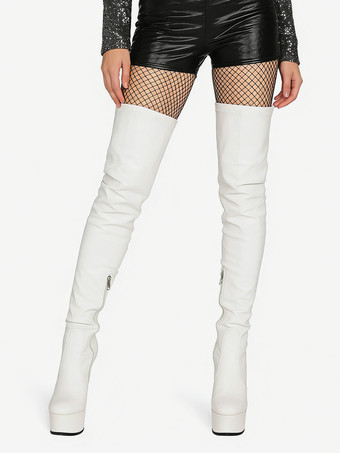 オーバーザニーブーツ レザー ラウンドトゥ プラットフォーム サイハイブーツ ブラック