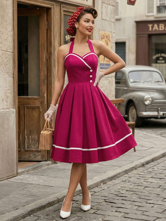 ローズレッドレトロワンピース　1950年代オードリー・ヘップバーン風　バーガンディ　ノースリーブ　スイートハートネック　二次会　お呼ばれ　発表会　スイングドレス