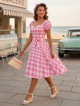 Robe Glamour rétro col en cœur manches bouffantes pois robes longues décontractées