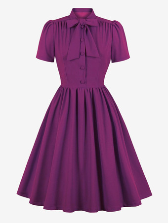 ヴィンテージ 1950年代 ミディ丈 スイング ティー ドレス レディース - ボウネック 半袖 フィット＆フレア ロカビリー ガウン - ガーデン パーティー 2026