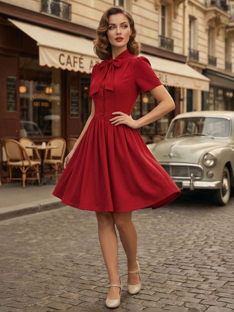 レッド ヴィンテージ 1950年代 ミディ丈 スイング ティー ドレス レディース - ボウネック 半袖 フィット＆フレア ロカビリー ガウン - ガーデン パーティー 2026