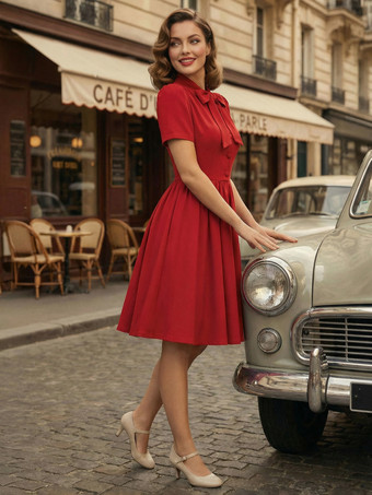 ヴィンテージ 1950年代 ミディ丈 スイング ティー ドレス レディース - ボウネック 半袖 フィット＆フレア ロカビリー ガウン - ガーデン パーティー 2026