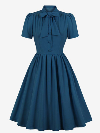 ヴィンテージ 1950年代 ミディ丈 スイング ティー ドレス レディース - ボウネック 半袖 フィット＆フレア ロカビリー ガウン - ガーデン パーティー 2026