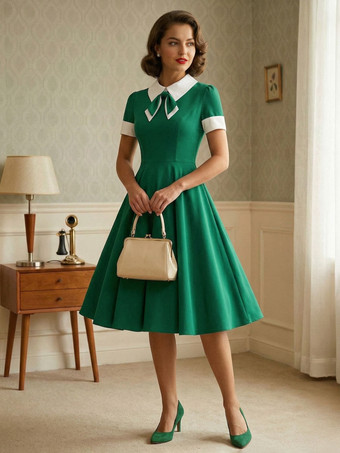 Green Vintage 1950s Swing Cocktail Dress for Women - V Neck Short Sleeve A-Line Ruched Bust Rockabilly Midi Gown - Wedding Guest 2026
