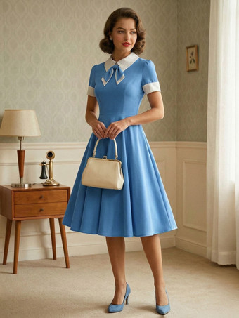 Blue Vintage 1950s Swing Cocktail Dress for Women - V Neck Short Sleeve A-Line Ruched Bust Rockabilly Midi Gown - Wedding Guest 2026
