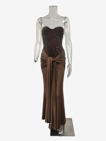 スパンコール スイートハートネック ルーシュ フロントタイディテール マキシ パーティードレス レディース 2026