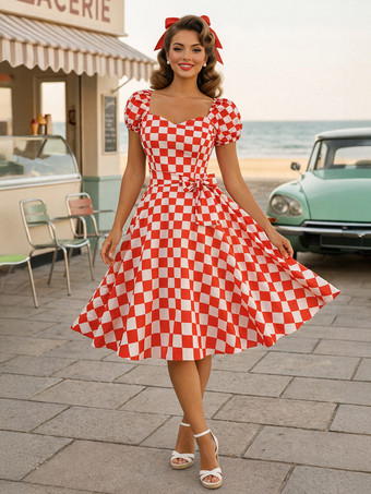 rouge Robe Glamour rétro col en cœur manches bouffantes pois robes longues décontractées