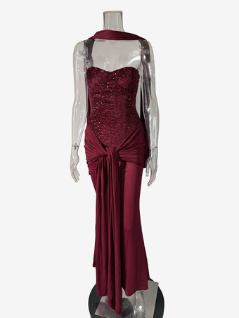 スパンコール スイートハートネック ルーシュ フロントタイディテール マキシ パーティードレス レディース 2026