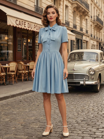 ヴィンテージ 1950年代 ミディ丈 スイング ティー ドレス レディース - ボウネック 半袖 フィット＆フレア ロカビリー ガウン - ガーデン パーティー 2026