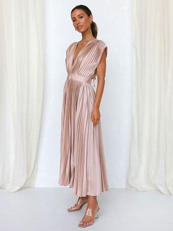 Vestido midi con cuello en V sin mangas informal de gran tamaño plisado para fiesta y fiesta