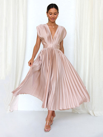 Rosa LigeroVestido midi con cuello en V sin mangas informal de gran tamaño plisado para fiesta y fiesta