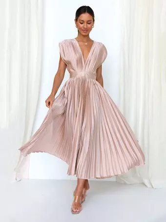 Midi Dress V-Neck Sleeveless Casual Oversized Pleated Party Prom Dress