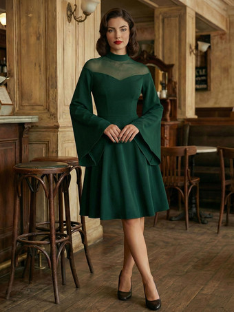 ヴィンテージ1950年代ゴシックカクテルドレス（女性用） - シースルーメッシュネックベルスリーブスイングミディガウン - 春のイブニングパーティー2026