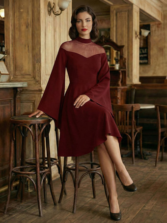 ヴィンテージ1950年代ゴシックカクテルドレス（女性用） - シースルーメッシュネックベルスリーブスイングミディガウン - 春のイブニングパーティー2026