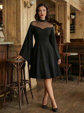 ブラック ヴィンテージ1950年代ゴシックカクテルドレス（女性用） - シースルーメッシュネックベルスリーブスイングミディガウン - 春のイブニングパーティー2026