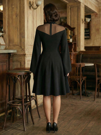 ヴィンテージ1950年代ゴシックカクテルドレス（女性用） - シースルーメッシュネックベルスリーブスイングミディガウン - 春のイブニングパーティー2026