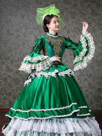 ヴィンテージ レディース ヴィクトリアン ロココ ドレス レーストリム フレアスリーブ ハイカラー レースフリル ボールガウン ドレス