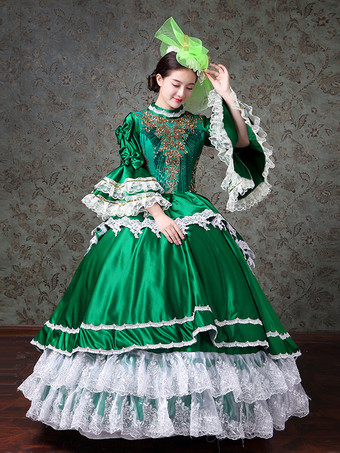 グリーン ヴィンテージ レディース ヴィクトリアン ロココ ドレス レーストリム フレアスリーブ ハイカラー レースフリル ボールガウン ドレス
